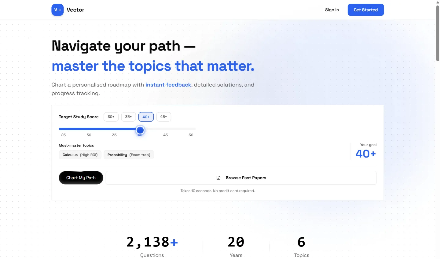 VectorPaths landing page with target score selector